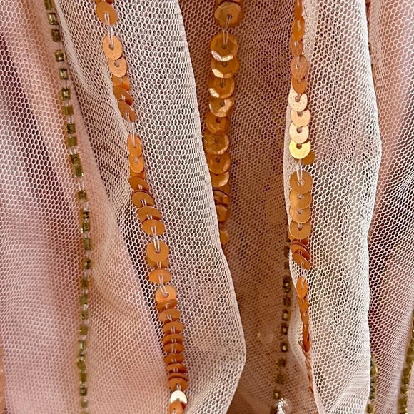 Mac Duggal Sequined Striped Sleeveless V Neck A Line Gown in Apricot - Size 14 - Picture 11 of 11